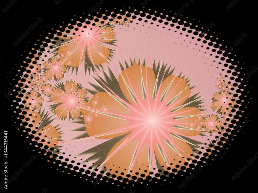 Poster fractal image in an oval frame with flowers on a dark background..template with place for inserting 