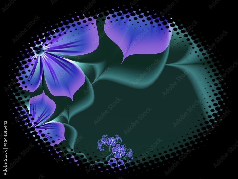 Poster fractal image in an oval frame with flowers on a dark background..template with place for inserting 