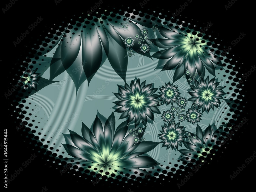 Poster fractal image in an oval frame with flowers on a dark background..template with place for inserting 