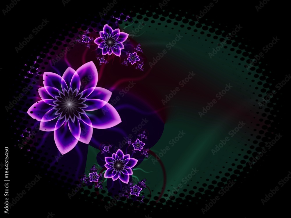 Poster fractal image in an oval frame with flowers on a dark background..template with place for inserting 