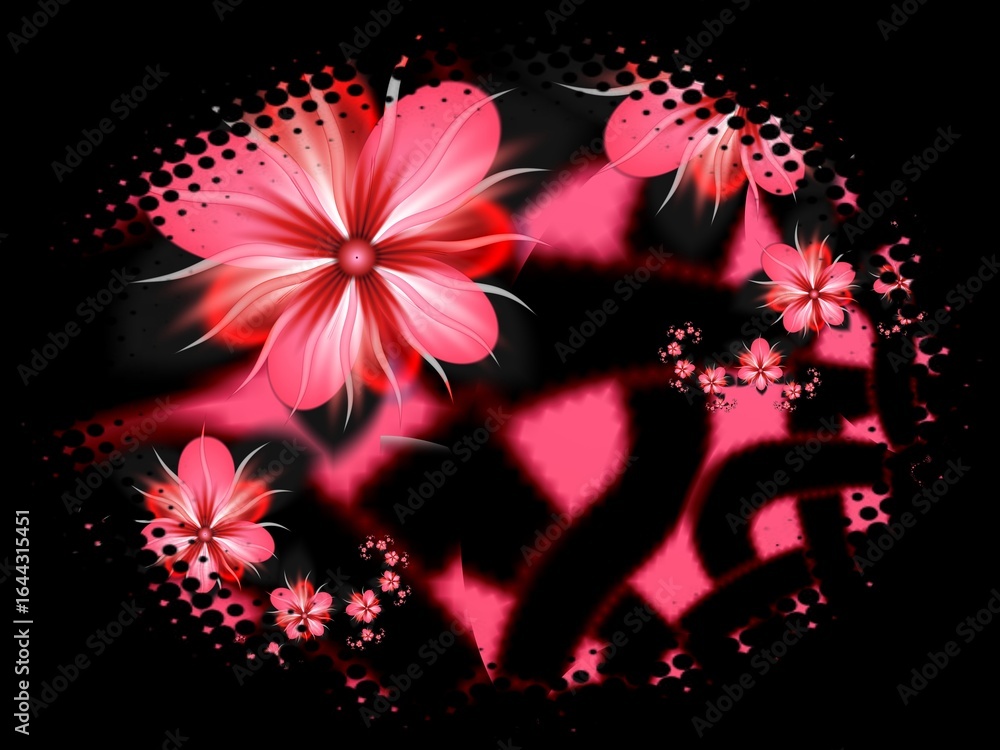 Poster fractal image in an oval frame with flowers on a dark background..template with place for inserting 