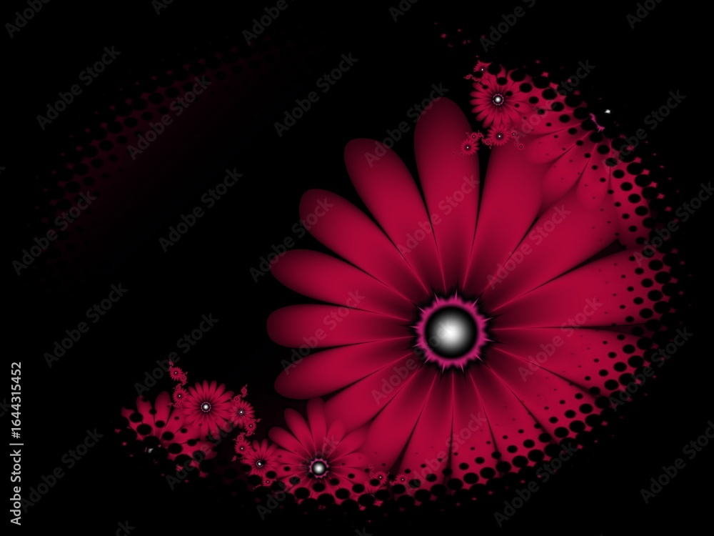 Poster fractal image in an oval frame with flowers on a dark background..template with place for inserting 
