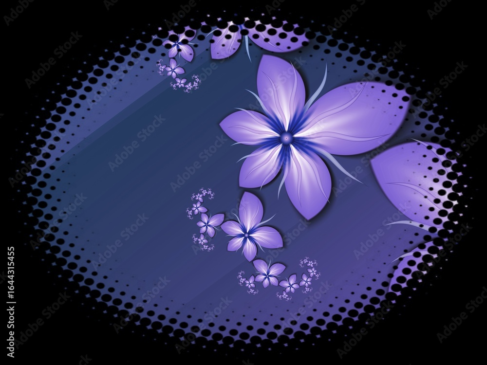 Poster fractal image in an oval frame with flowers on a dark background..template with place for inserting 