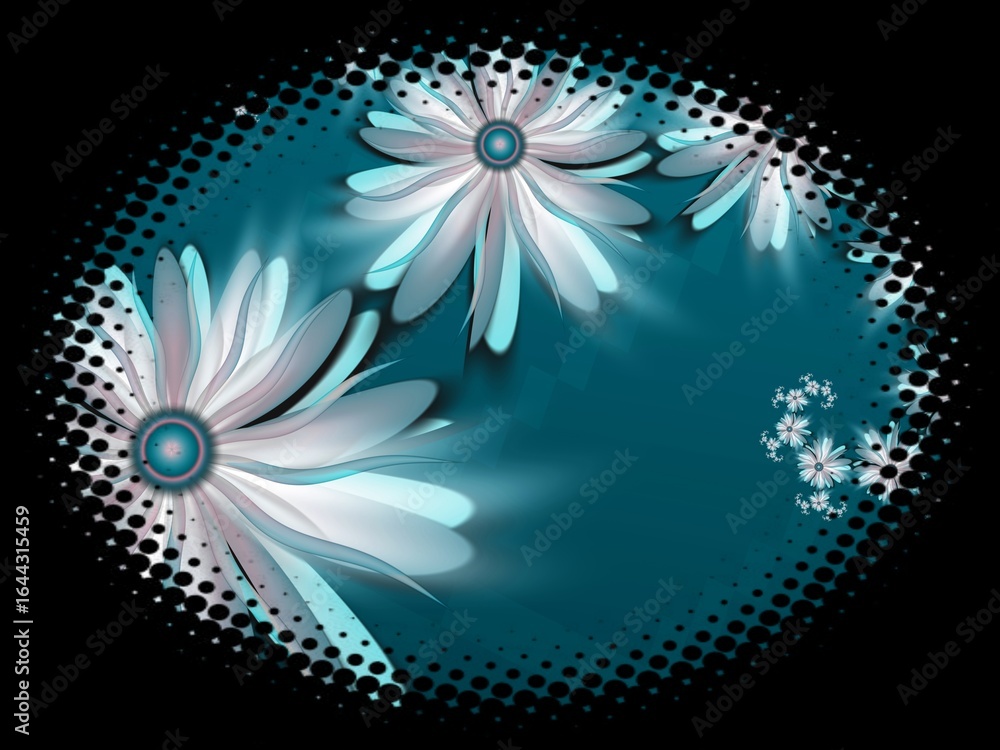 Aufkleber fractal image in an oval frame with flowers on a dark background..template with place for inserting 