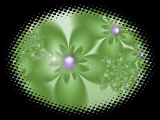 Fractal image in an oval frame with flowers on a dark background..Template with place for inserting your text.Multicolor flowers.