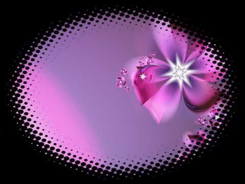 Fractal image in an oval frame with flowers on a dark background..Template with place for inserting your text.Multicolor flowers.