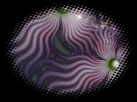 Fractal image in an oval frame with flowers on a dark background..Template with place for inserting your text.Multicolor flowers.
