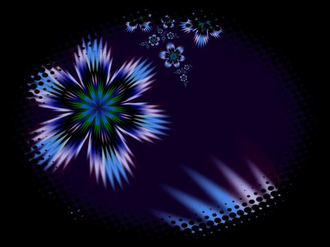 Fractal image in an oval frame with flowers on a dark background..Template with place for inserting your text.Multicolor flowers.