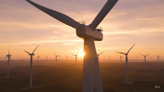 Stunning aerial drone cinematography of wind turbines at golden hour sunrise.4K footage with smooth camera movements showcasing sustainable energy technology. Perfect for clean energy campaigns. - Powered by Adobe
