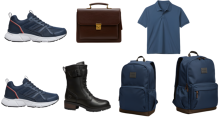 LIFESTYLE - Blue casual sneakers, black leather boots, navy backpacks, brown leather briefcase, and blue polo shirt isolated on white