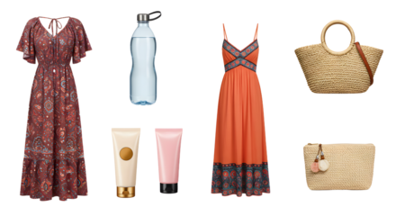 LIFESTYLE - Bohemian style summer outfits with casual maxi dresses, reusable water bottle, skincare tubes, and woven straw bags set for warm weather fashion