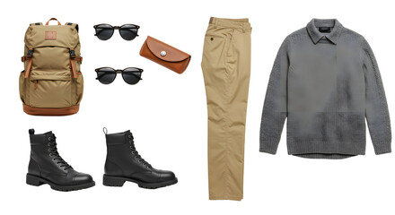 Naklejka premium LIFESTYLE - Casual travel outfit and accessories with khaki pants, grey sweater, black boots, beige backpack, and sunglasses on white background
