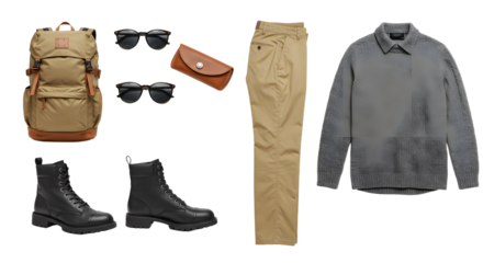 LIFESTYLE - Casual travel outfit and accessories with khaki pants, grey sweater, black boots, beige backpack, and sunglasses on white background