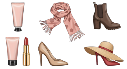 LIFESTYLE - Collection of elegant fashion accessories including lipstick, scarf, boots, high heels, hat, and lotion tubes perfect for stylish outfits and seasonal looks