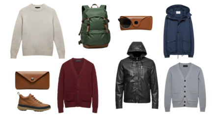 LIFESTYLE - Collection of men's autumn and winter clothing including sweaters, jackets, shoes, backpack, sunglasses, and wallets in assorted styles and colors