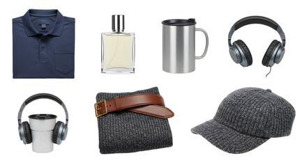 LIFESTYLE - Collection of men's lifestyle accessories including polo shirt, perfume, stainless steel mug, headphones, sweater with belt, and grey cap on white background