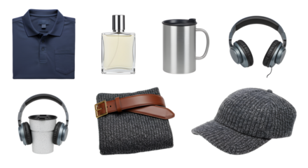 LIFESTYLE - Collection of men's lifestyle accessories including polo shirt, perfume, stainless steel mug, headphones, sweater with belt, and grey cap on white background