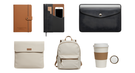 LIFESTYLE - Collection of stylish black and white leather accessories including notebook, wallet, pouch, backpack, and coffee cup with lid