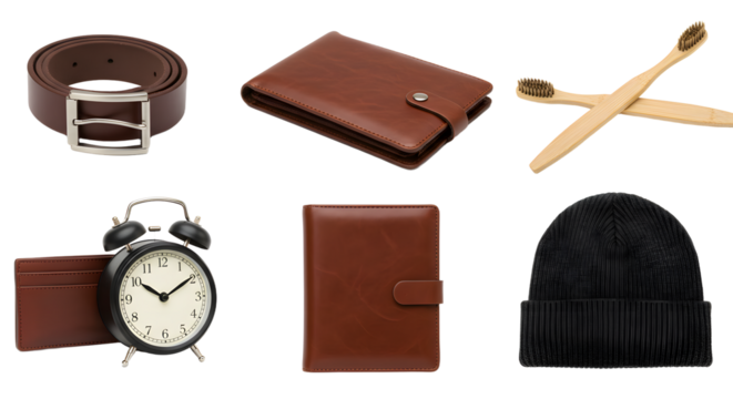 LIFESTYLE - Collection of brown leather accessories and everyday essentials including wallet, belt, notebook, black knit beanie, bamboo toothbrushes, and vintage alarm clock on white background - Powered by Adobe