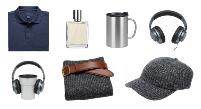 LIFESTYLE - Collection of men's lifestyle accessories including polo shirt, perfume, stainless steel mug, headphones, sweater with belt, and grey cap on white background