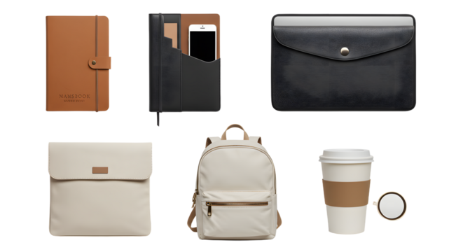 LIFESTYLE - Collection of stylish black and white leather accessories including notebook, wallet, pouch, backpack, and coffee cup with lid