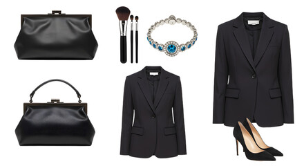 LIFESTYLE - Elegant black women's blazer outfit with leather handbags, high heels, makeup brushes, and a silver bracelet with blue gemstones on white background