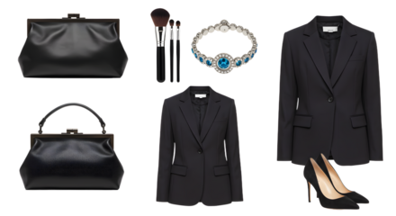 LIFESTYLE - Elegant black women's blazer outfit with leather handbags, high heels, makeup brushes, and a silver bracelet with blue gemstones on white background