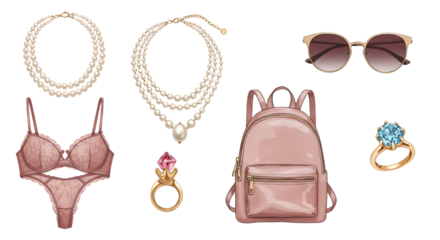LIFESTYLE - Elegant collection of women's fashion accessories including pink lingerie, pearl necklaces, stylish sunglasses, pink backpack, and gemstone rings