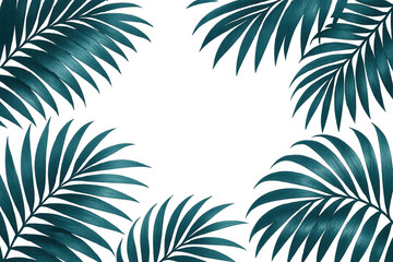 Teal palm fronds forming exotic tropical border, floating against transparent backdrop for summer design elements