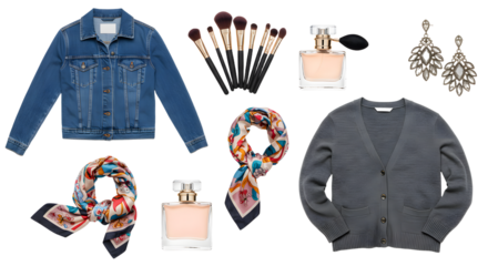 LIFESTYLE - Flat lay of casual women's outfit with denim jacket, gray cardigan, colorful scarf, makeup brushes, perfume, and earrings accessories