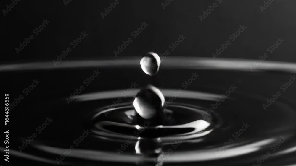 Poster monochrome water drops creating ripples on liquid surface in a circular pattern abstract minimalist 