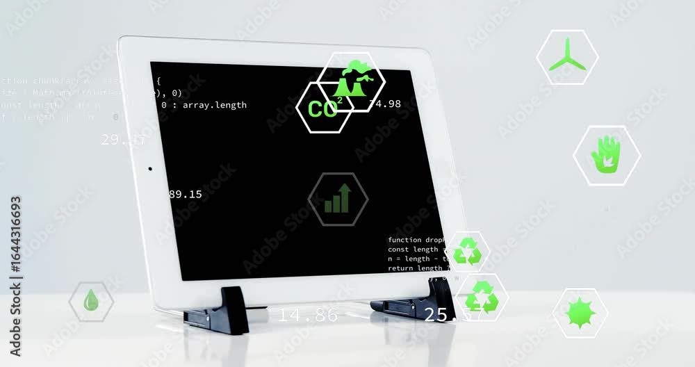 Aufkleber opening on white tablet in black stand, code scrolling, green icons updating for data visualization