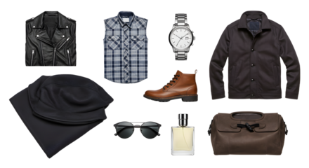 LIFESTYLE - Flat lay of men's fashion accessories including leather jacket, plaid shirt, watch, boots, sunglasses, perfume, scarf, jacket, and toiletry bag on white background