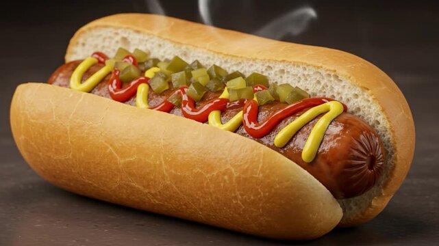 Classic hot dog with ketchup mustard and pickles close up still life