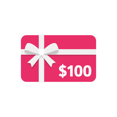 Pink gift card with white ribbon and 100 dollar value