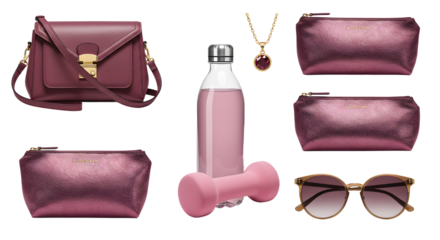 LIFESTYLE - Flat lay of trendy women's accessories including pink leather handbag, water bottle, dumbbells, sunglasses, necklace, and metallic makeup bags on white background