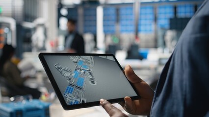 Solar power technician reviewing data on tablet in photovoltaics factory, inspecting manufacturing...