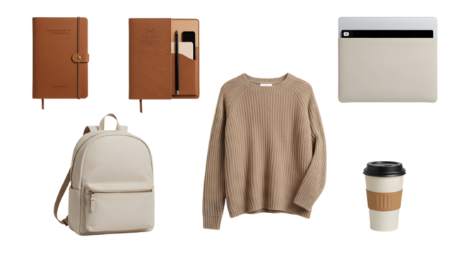 LIFESTYLE - Minimalist flat lay of modern brown leather notebook, beige sweater, white backpack, laptop sleeve, pen holder, and disposable coffee cup on white background