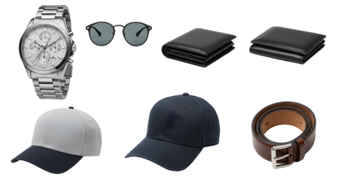 LIFESTYLE - Silver Wristwatch Sunglasses Black Wallets Gray and Black Baseball Caps Brown Leather Belt Accessories Set