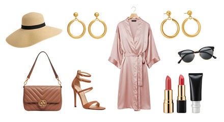 LIFESTYLE - Women's summer fashion accessories including straw hat, gold hoop earrings, pink satin robe, sunglasses, brown handbag, high heel sandals, red lipstick, and skincare cream