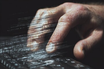 Close-up of a hand typing on a keyboard, with overlaid digital code