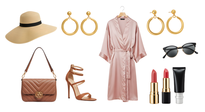 LIFESTYLE - Women's summer fashion accessories including straw hat, gold hoop earrings, pink satin robe, sunglasses, brown handbag, high heel sandals, red lipstick, and skincare cream