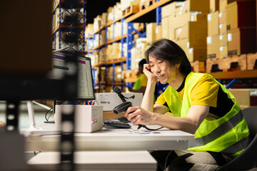 Overworked asian warehouse staff falling asleep while scanning barcodes on boxes, registering the...