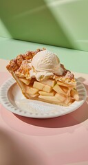 Apple pie slice with ice cream on pastel background. Restaurant dessert