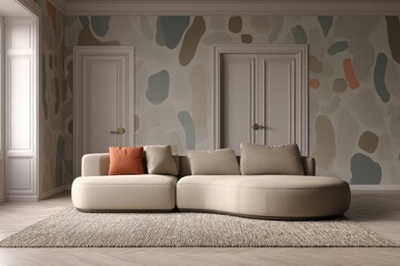 Beige sectional sofa in a room with abstract wall decor