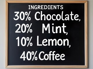 Black chalkboard with wooden frame showing ingredients: 30% Chocolate, 20% Mint, 10% Lemon, 40% Coffee, creative recipe concept, hand-drawn chalk lettering, minimalistic cafe menu style.