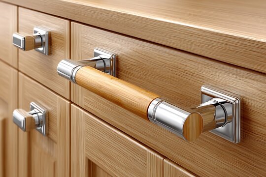 Shiny drawer handles on bamboo cabinet high resolution picture