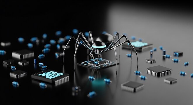 Cybernetic Spider on Circuit Board Amidst Glowing Blue Microchips, Symbolizing AI and Data