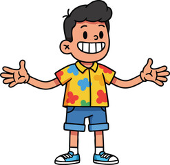 Happy smiling boy wearing colorful shirt and blue shorts with open arms cheerful expression vector illustration 