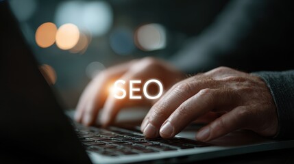 Person typing on laptop keyboard with glowing seo text overlay at night